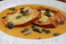 Pumpkin and Lentil Soup with Cheesy Croutons and Pumpkin Seeds